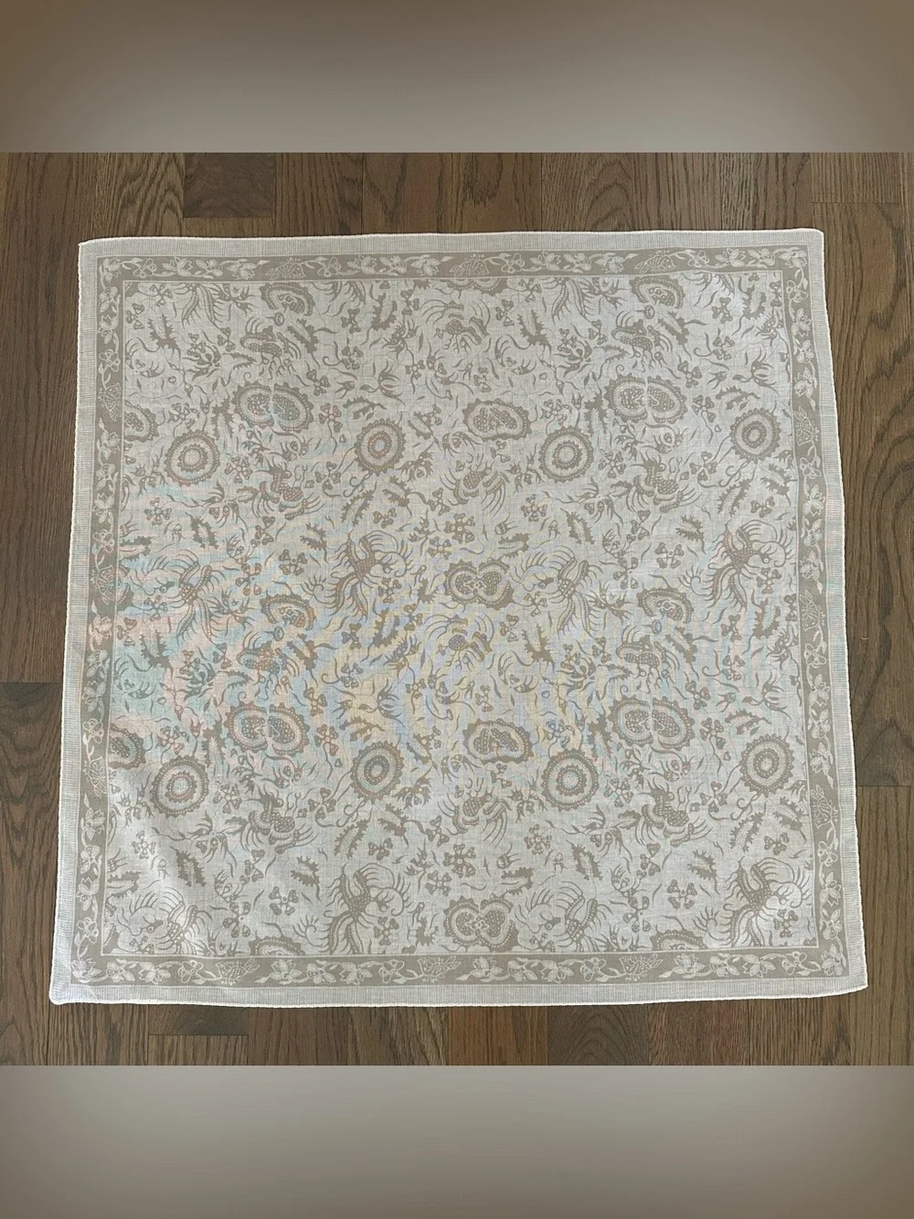 Vintage Cotton Voile Floral and Paisley Print Scarf in White and Tan 26.5" sq - Picture 6 of 8